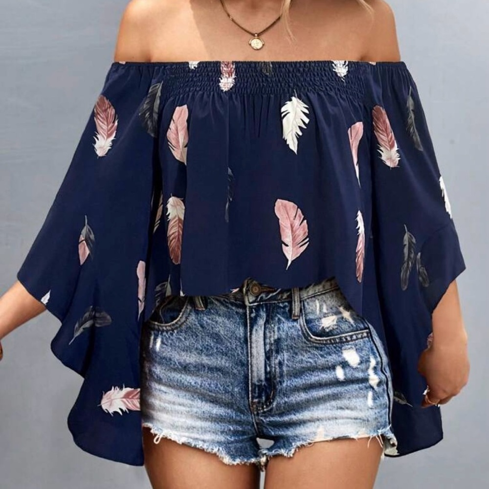 Navy Blue Off Shoulder Blouse Feathers Size L New